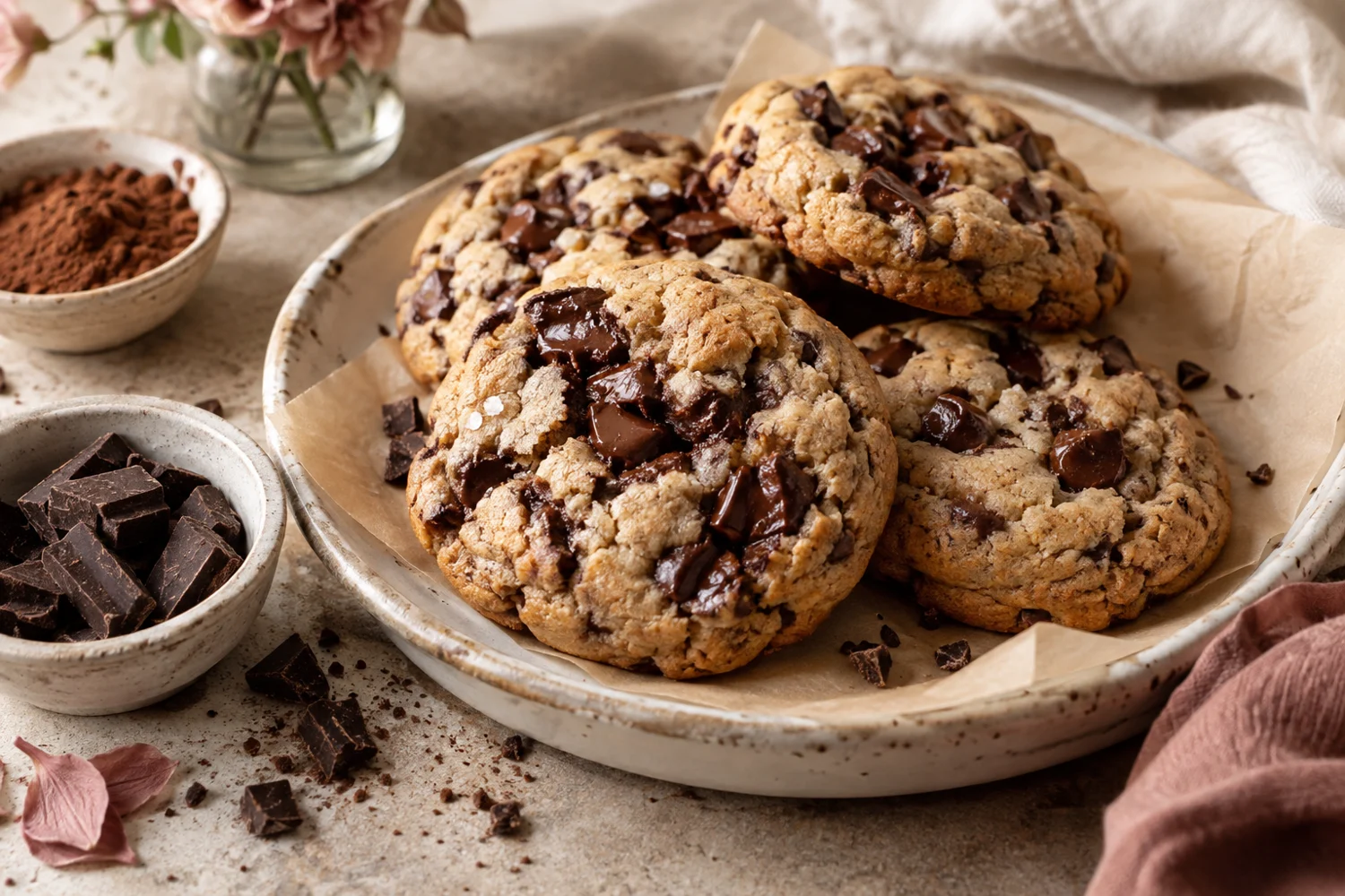 Galletas artesanales con trozos de chocolate sobre un plato de cerámica